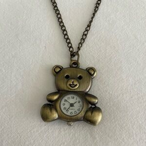 Vintage Gold Tone Teddy Bear Pendant Watch Necklace Novelty Quartz